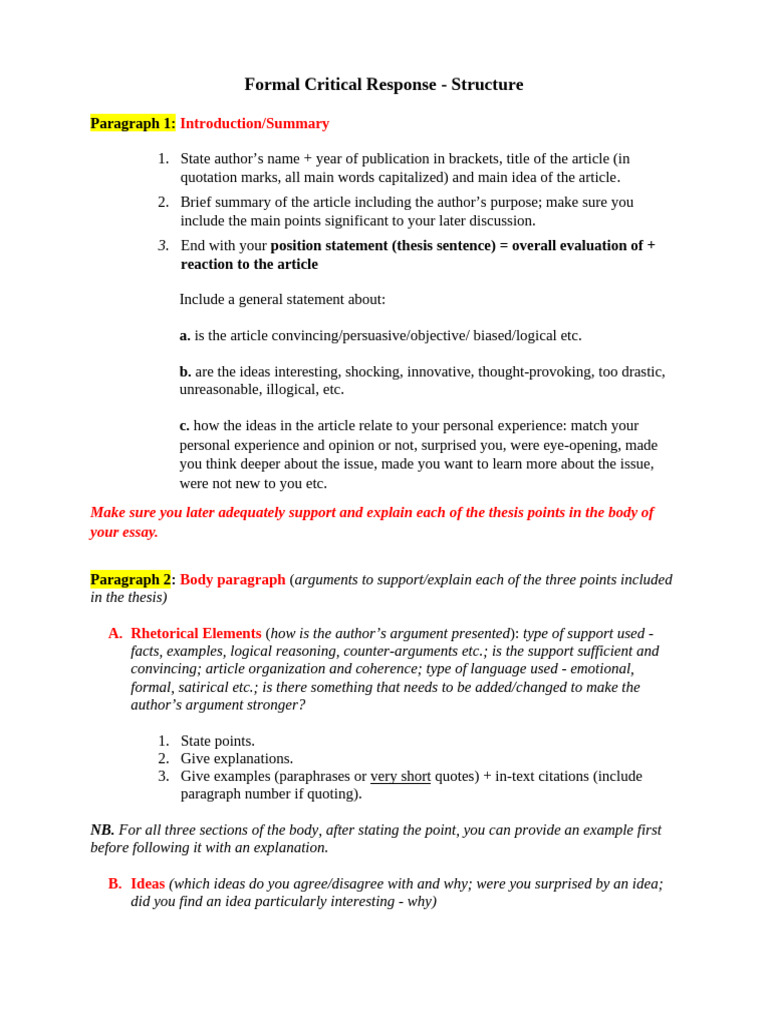 3 Formal Critical Response - Structure | PDF | Argument | Essays