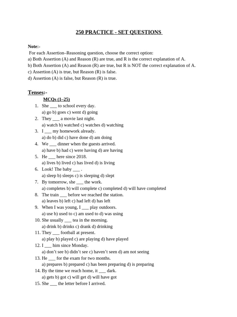 250 Practice - Set Questions | PDF | Plural | Verb