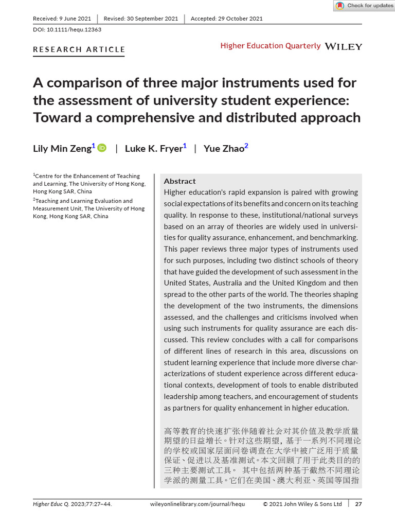 Higher Education Quarterly - 2021 - Zeng - A Comparison of Three Major ...