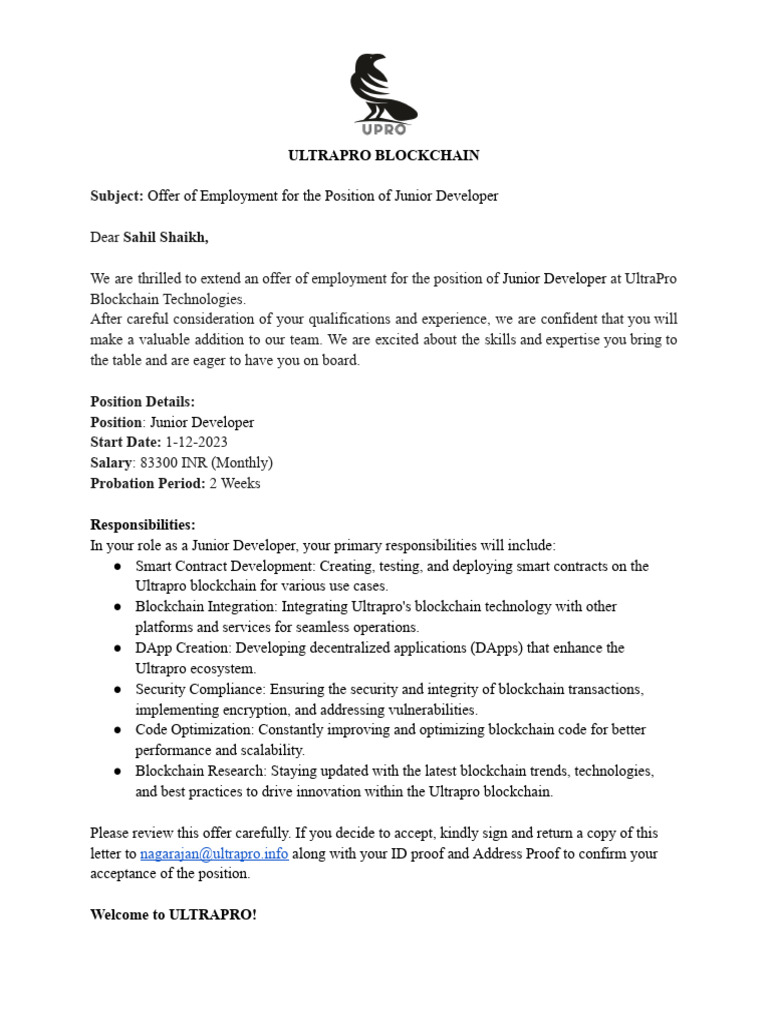 Jr. Developer Offer Letter | PDF