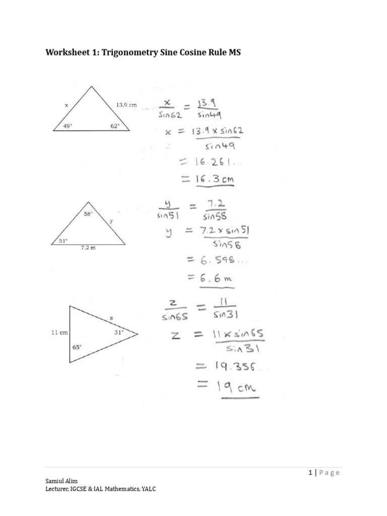 Worksheet 1 Trigonometry Sine Cosine Rule MS | PDF