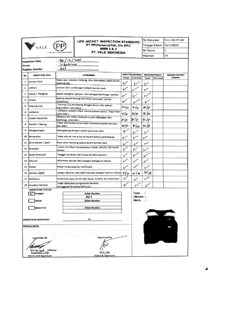 Ceklis Inspection Life Jacket November 2025 PT Interprima 1 | PDF