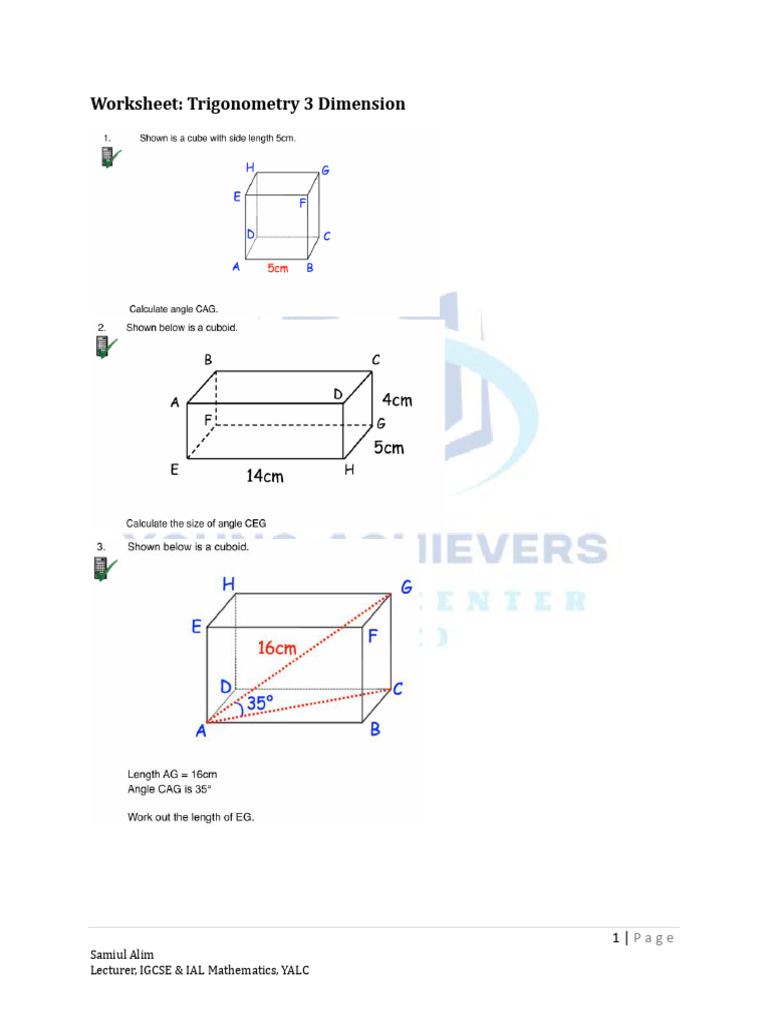 Worksheet Trigonometry 3 Dimension | PDF