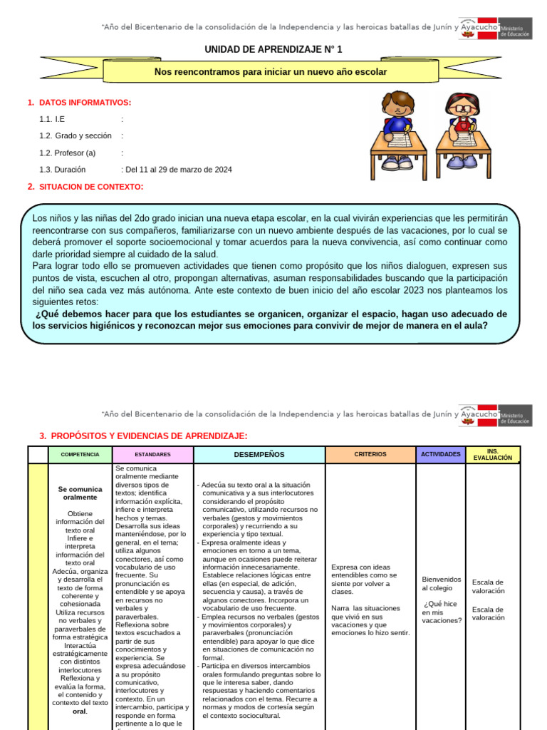 Unidad 1 - 2° Grado | PDF | Aprendizaje | Enseñando