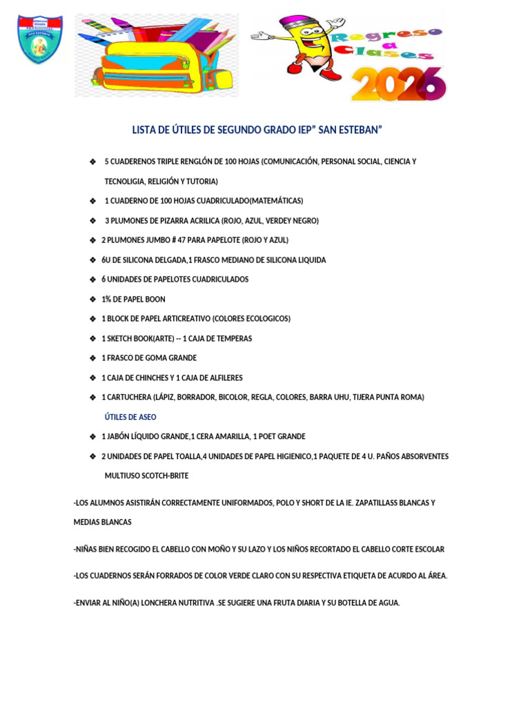 Lista de Útiles Segundo Grado 2025 | PDF