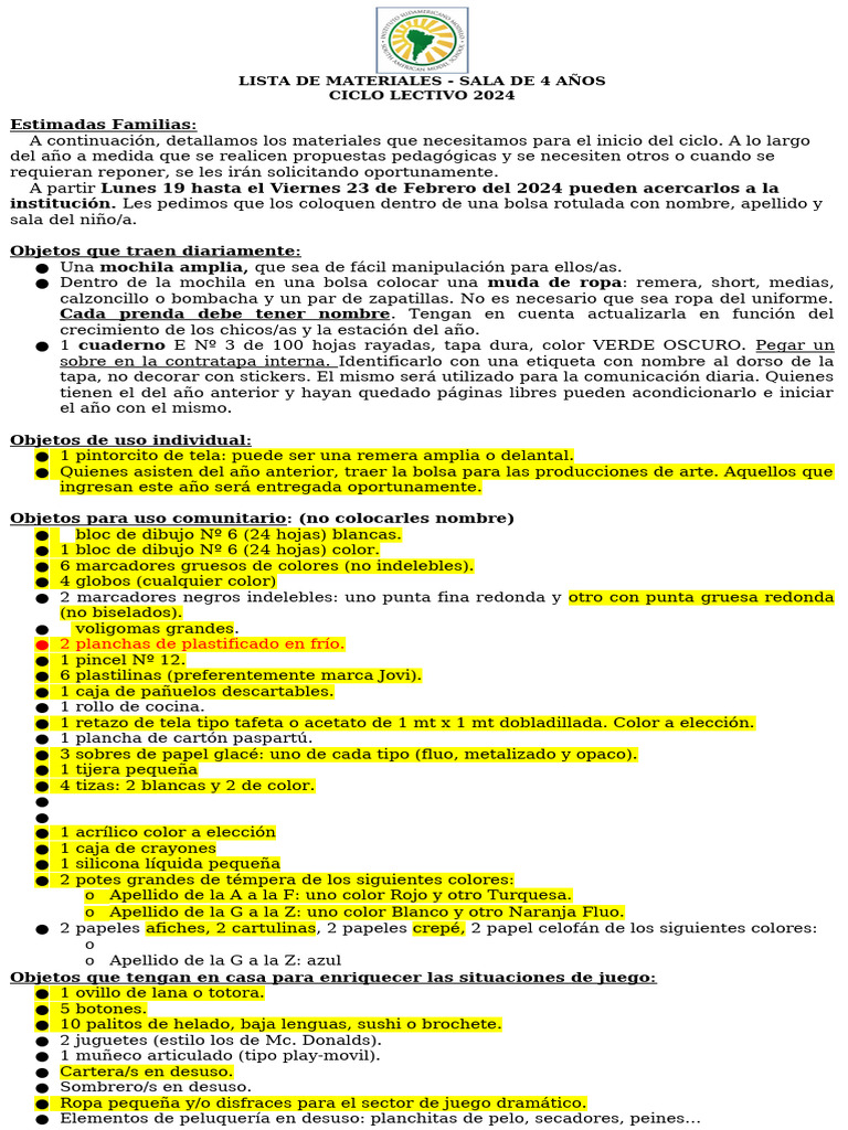 Sala de 4 - Lista de Materiales 2024 | PDF | Ropa