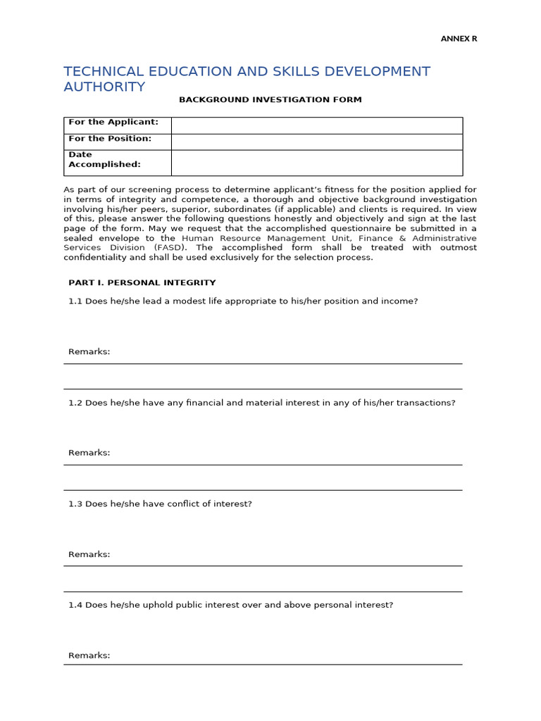 ANNEX R Background Investigation Form | PDF | Social Psychology