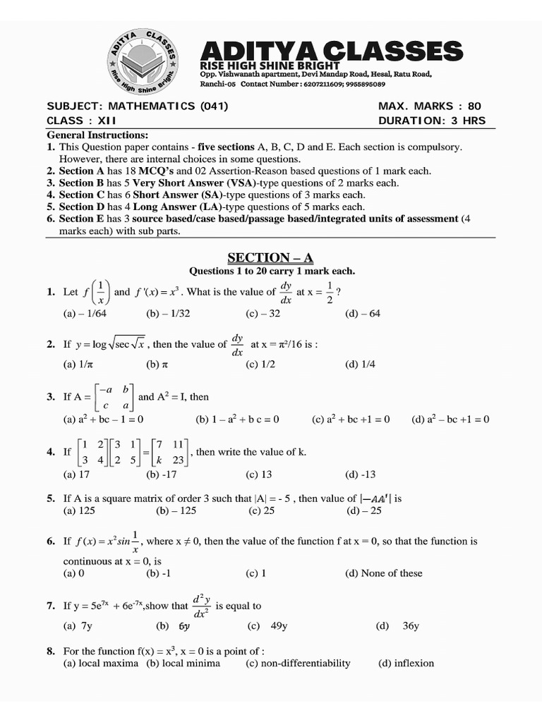 Maths Class Xii Sample Paper Test 04 For Board Exam 2025 QP | PDF