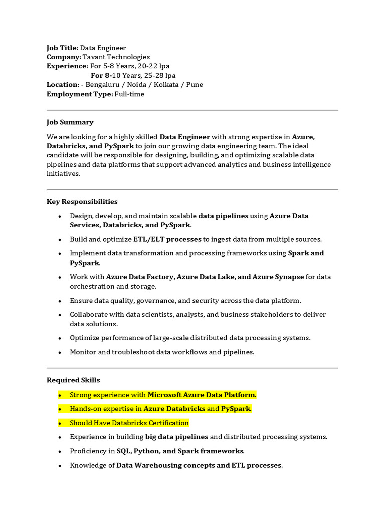 Job Description Data Engineer Tavant Technology | PDF | Apache Spark ...