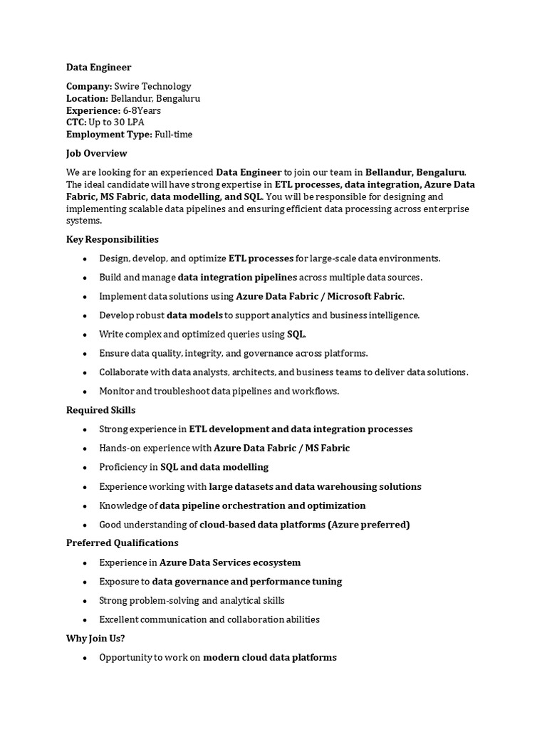 Job Description Data Engineer Swire Technology | PDF