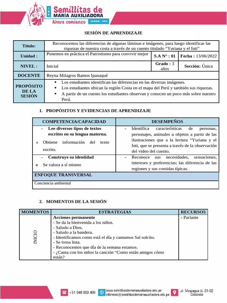 SESIÓN DE APRENDIZAJE N°1 - 3 Años | PDF | Aprendizaje | Modificación ...