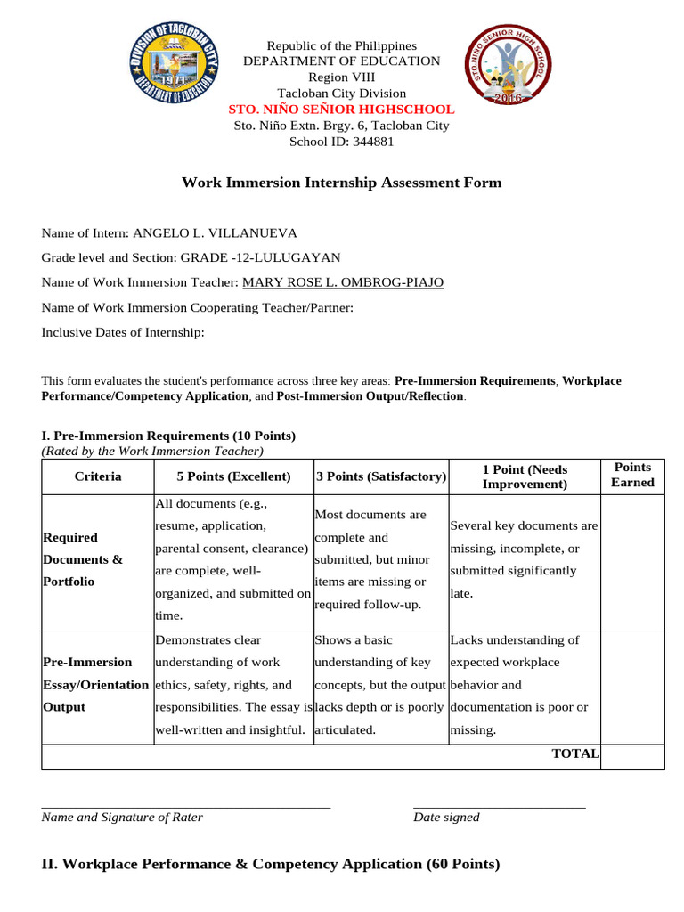 Work Immersion Internship Assessment Form | PDF