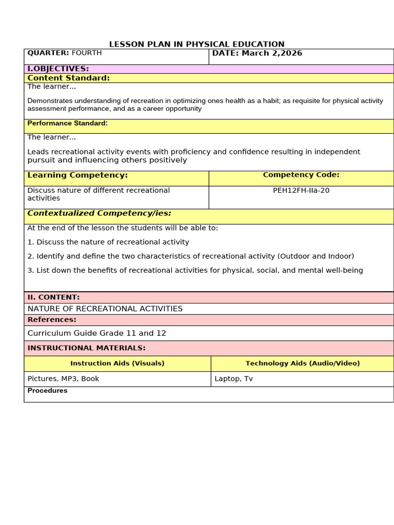 Lp Recreational Activity 1 | PDF | Teachers | Learning