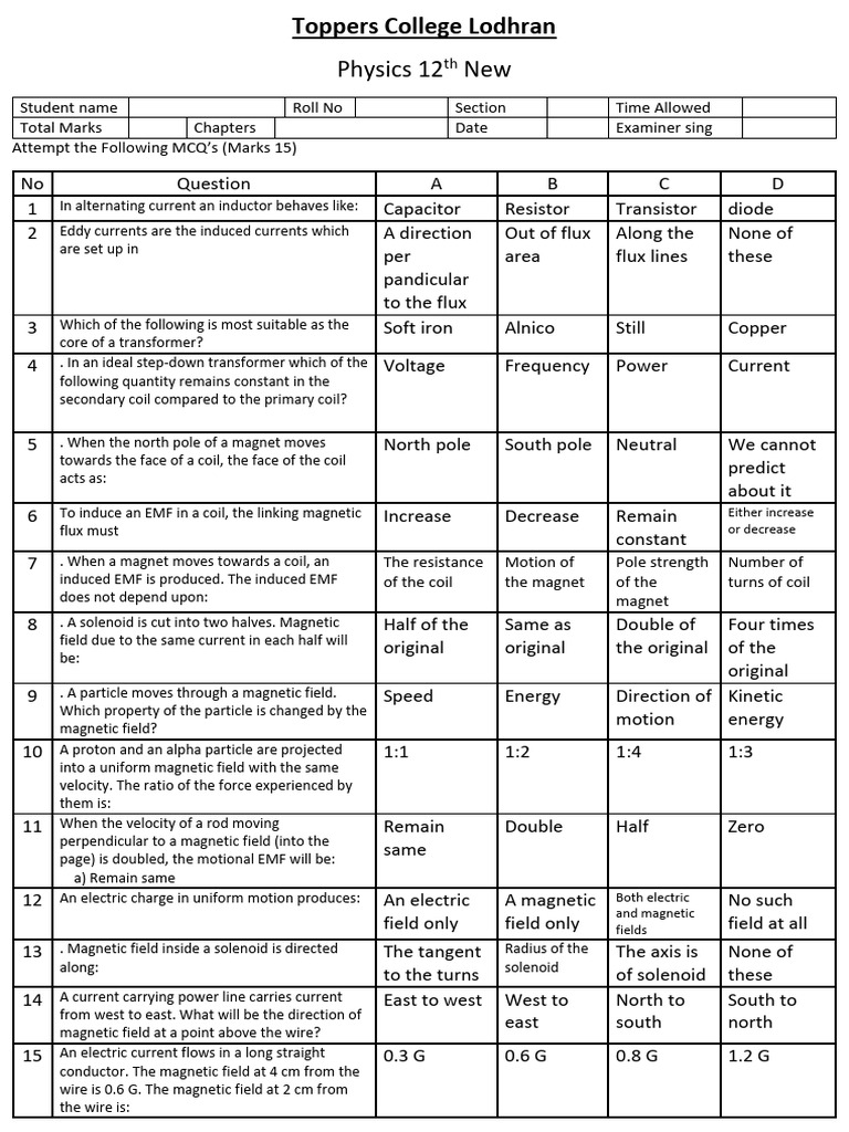 Toppers College Lodhran | PDF | Inductor | Magnetic Field