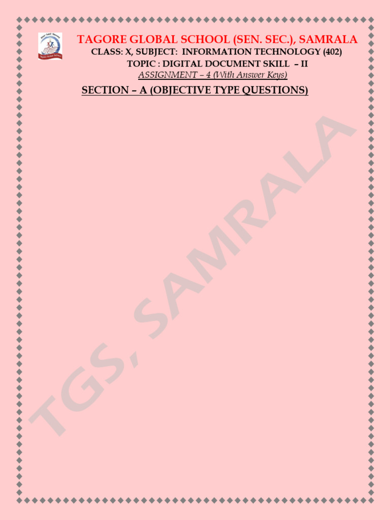 Grade X IT Assignment - 6 Digital Documentation | PDF | Spreadsheet ...