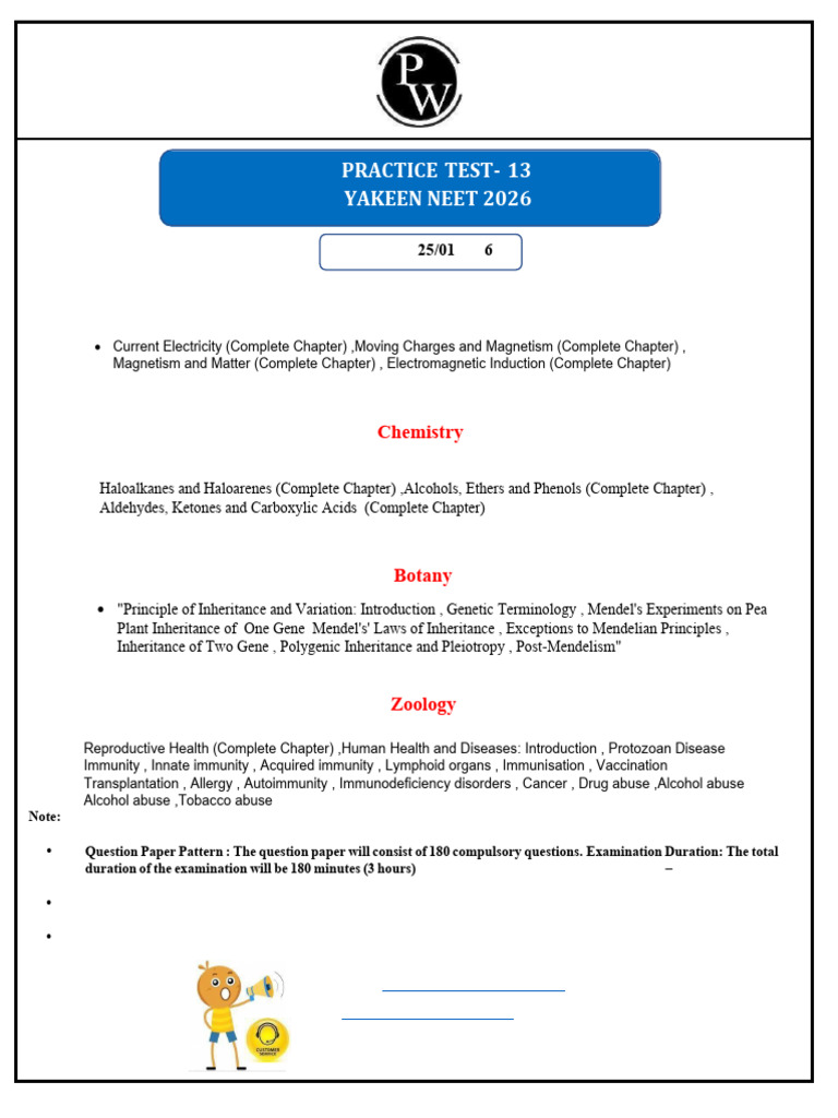 Practice Test 13 Test Syllabus (25012025) Yakeen NEET 2026 | PDF