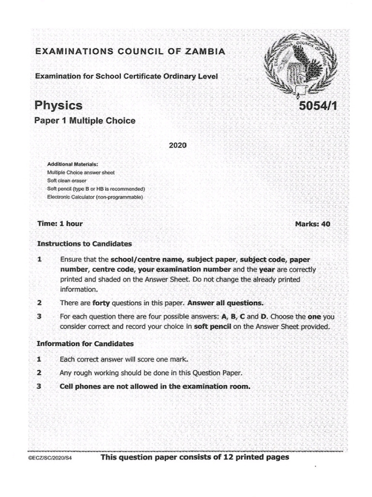 G12 Physics 2020 P1 | PDF