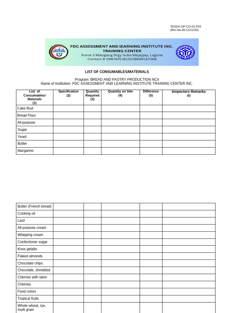 8 BPPList of Consumables | PDF