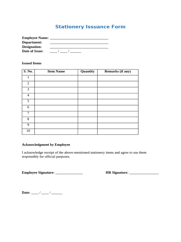 Stationary Issurance Form | PDF