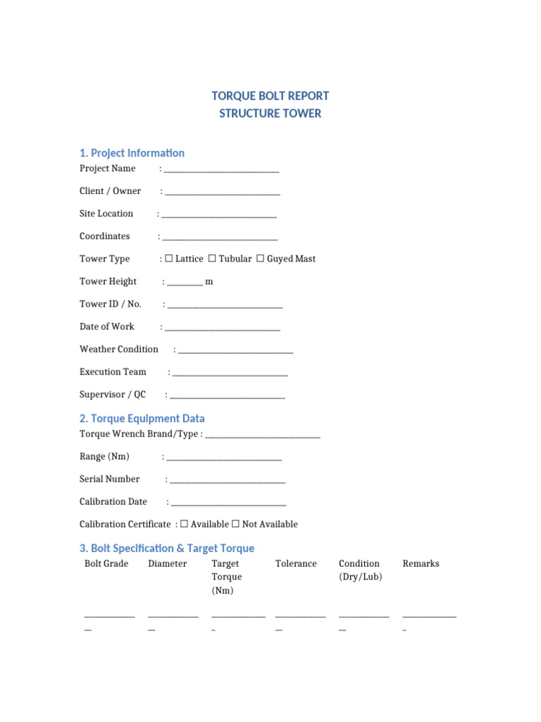 Form Test Report Torque Bolt | PDF