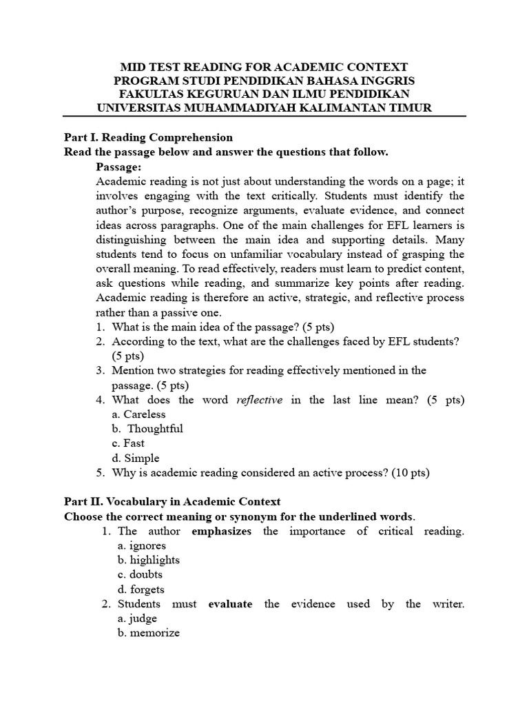 Mid Test Reading For Academic Context 25 | PDF | Reading Comprehension ...