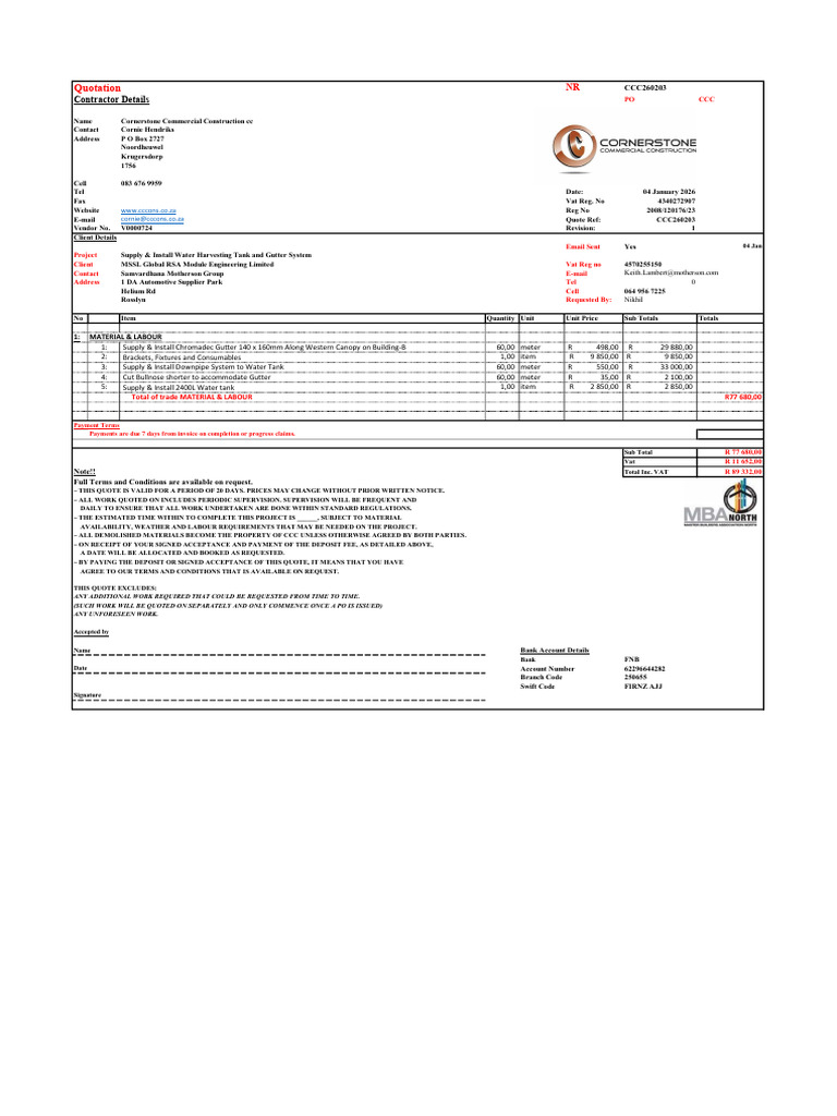 CCC-Quote-MSSL-Install Rainwater Harvesting System at Building-B | PDF ...
