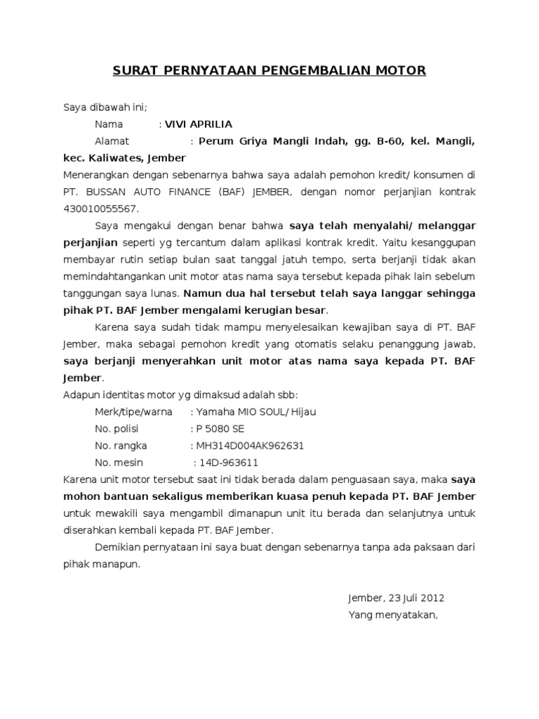 Surat Pernyataan Pengembalian Unit