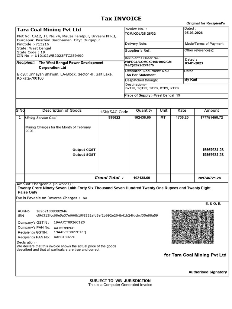 Tara Mining Invoice Feb'26 | PDF | Invoice | Economies