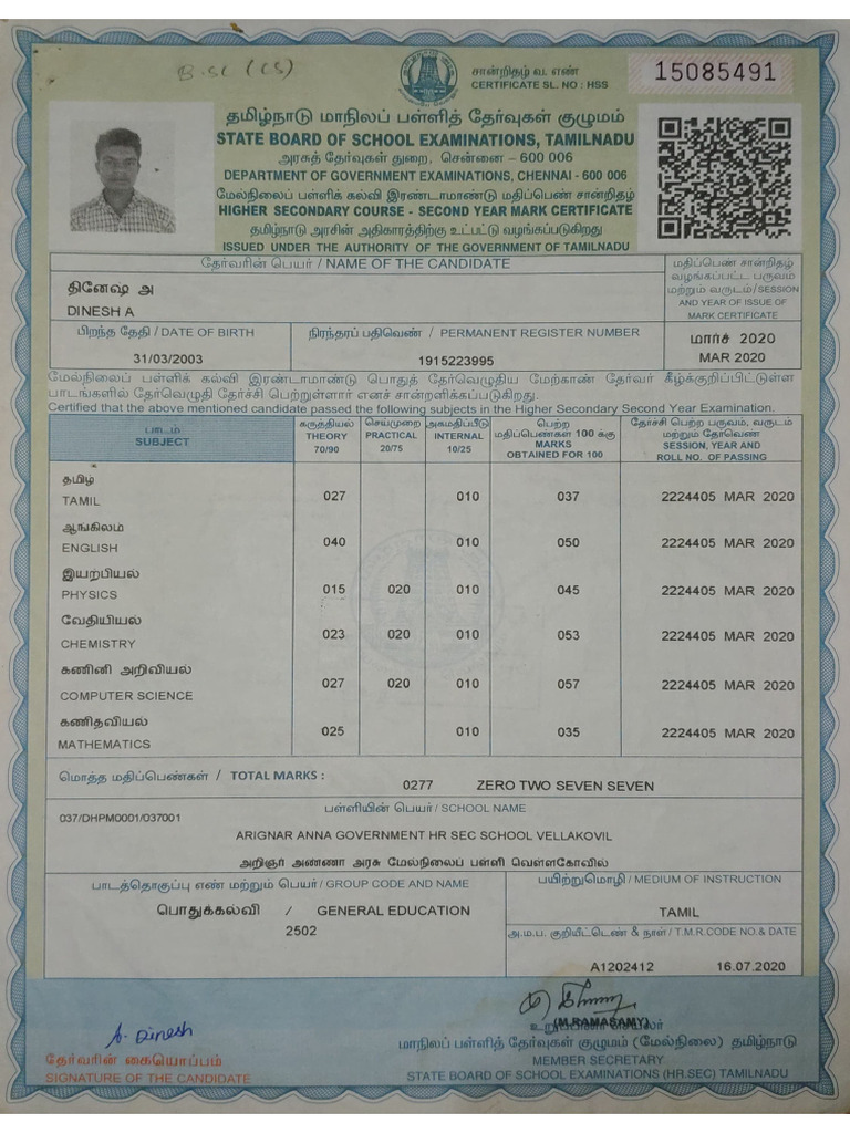 12th Mark Sheet of Dinesh | PDF