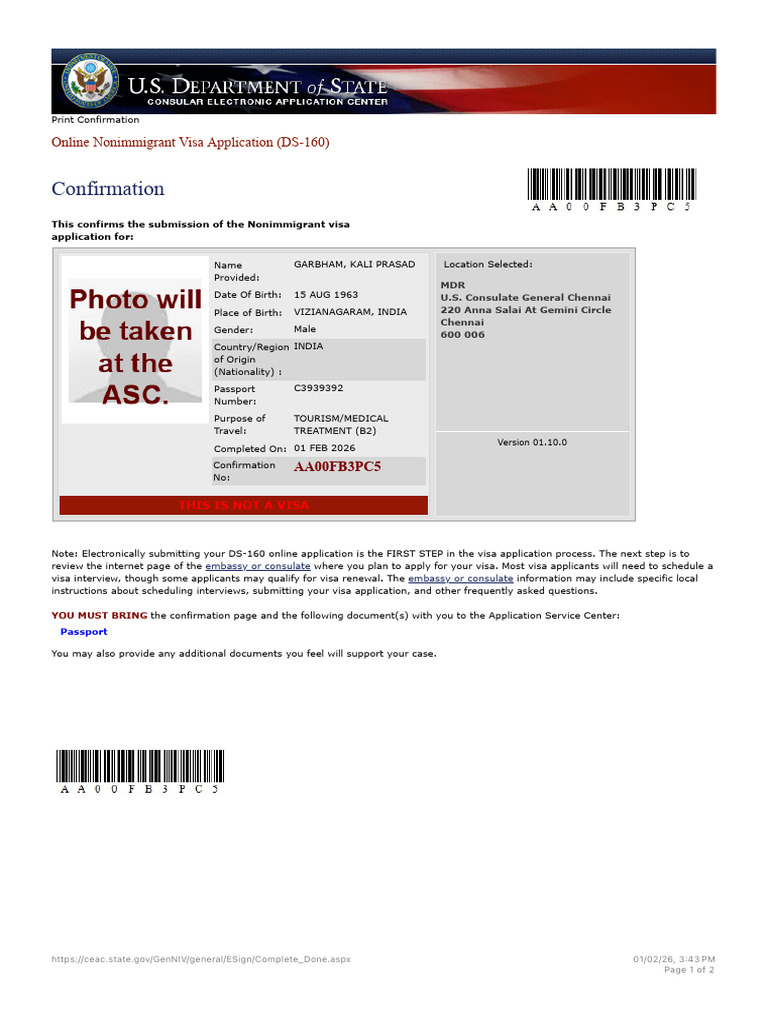 Kaliprasad DS 160 - Confirmation Page | PDF | Travel Visa | Fingerprint