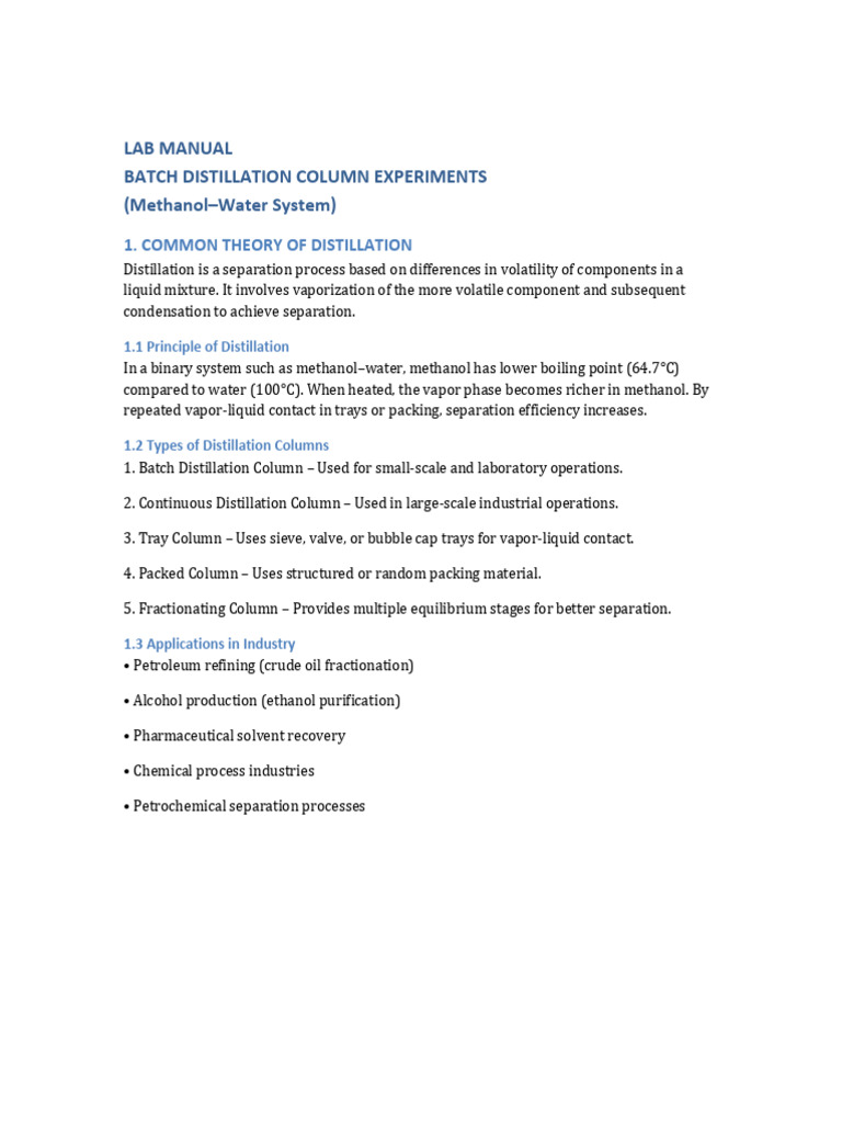 00 Lab Manual Batch Distillation Exercise 8-9-10 | PDF | Distillation ...