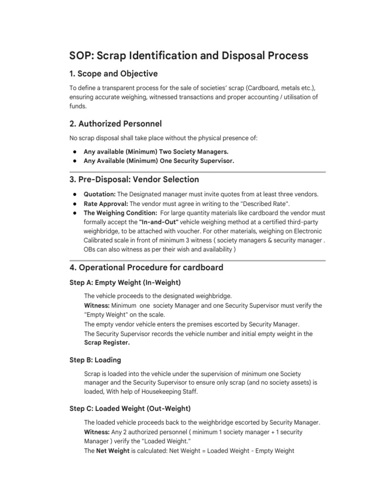 SOP For Scrap Disposal Process | PDF | Weight