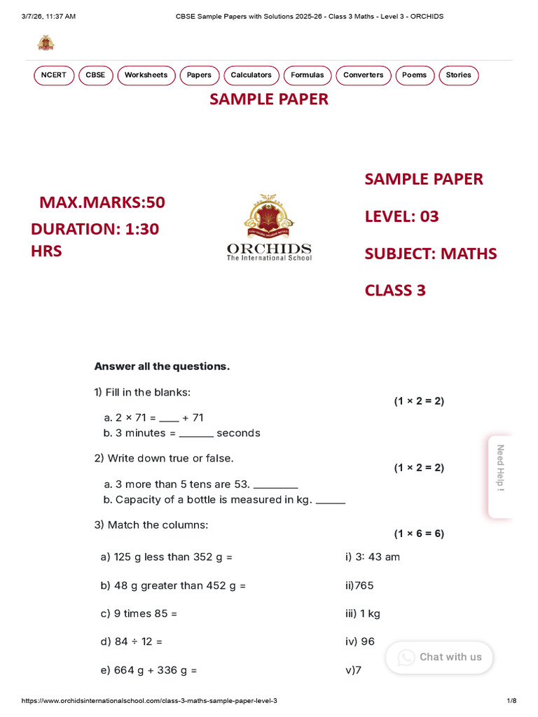 CBSE Sample Papers With Solutions 2025-26 - Class 3 Maths - Level 3 ...