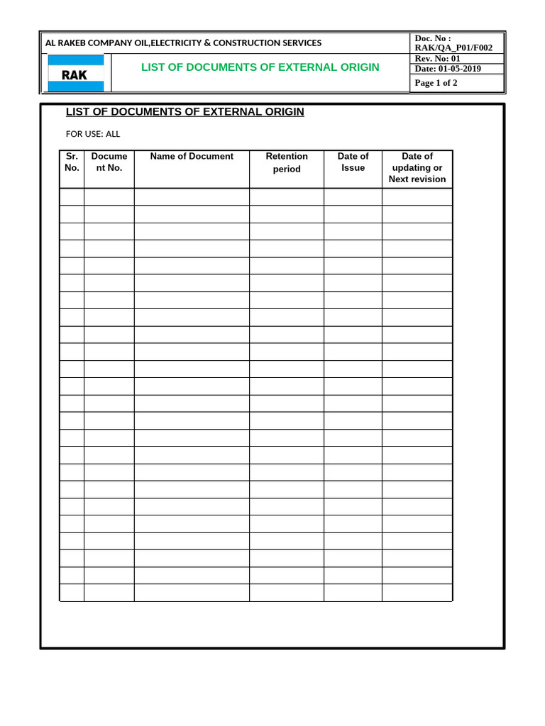 Rak-Qa - p01-f002 List of Documents of External Origin | PDF