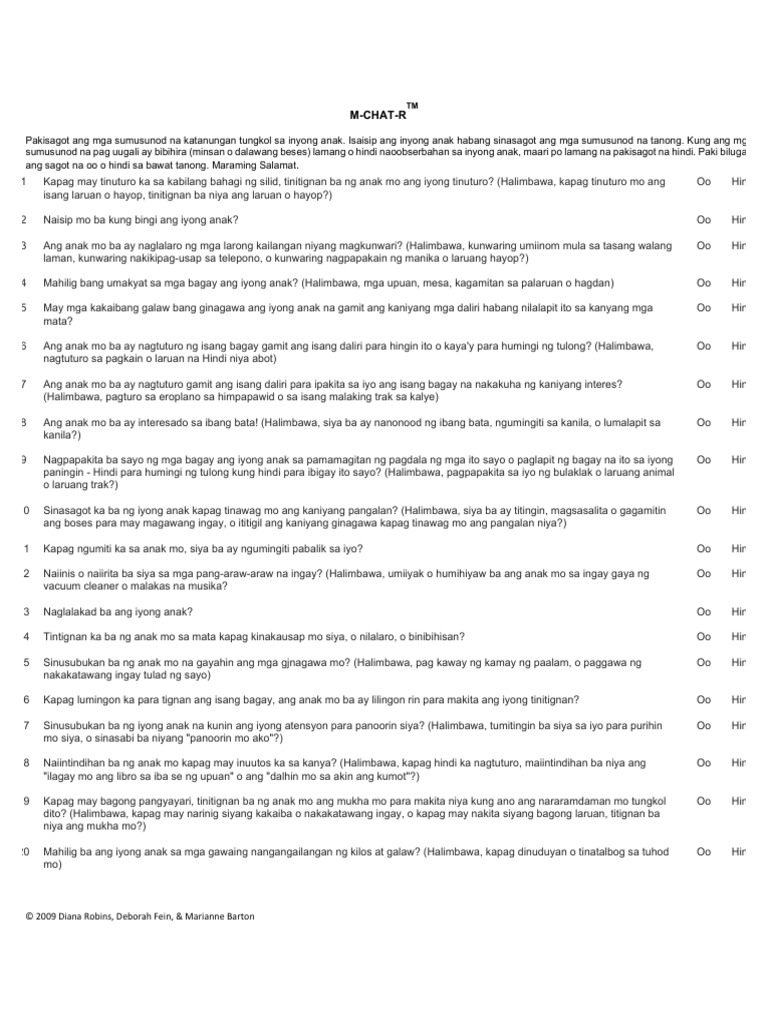 MCHAT R Questionnaire Filipino | PDF