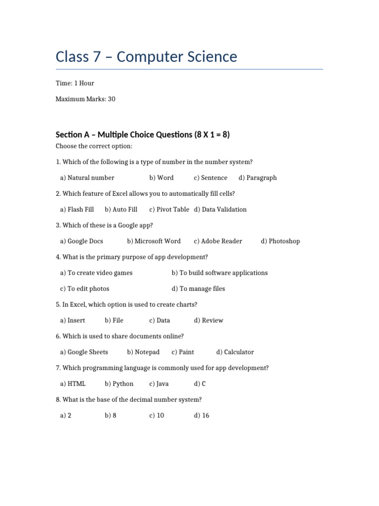 Class 7 Computer Science Question Paper | PDF