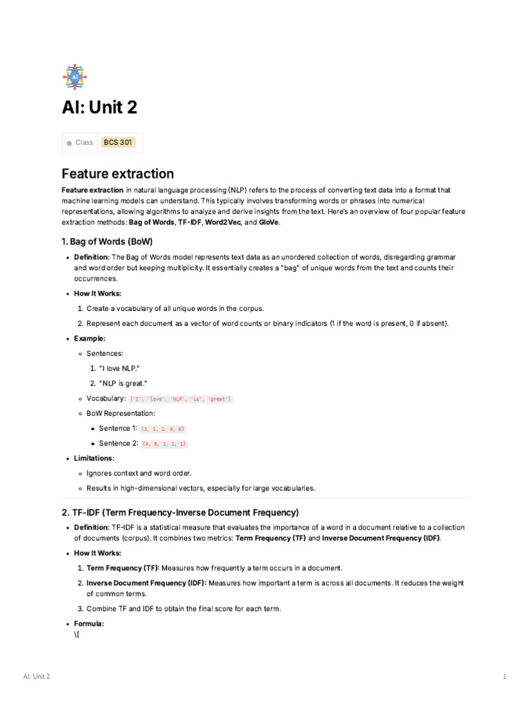 Feature Extraction AI - Unit - 2 | PDF | Glove | Applied Mathematics