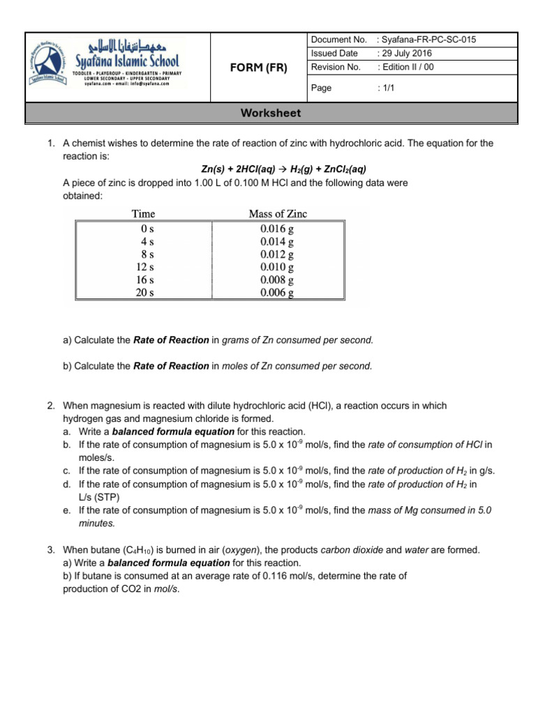 G11 Worksheet Rate of Reaction | PDF