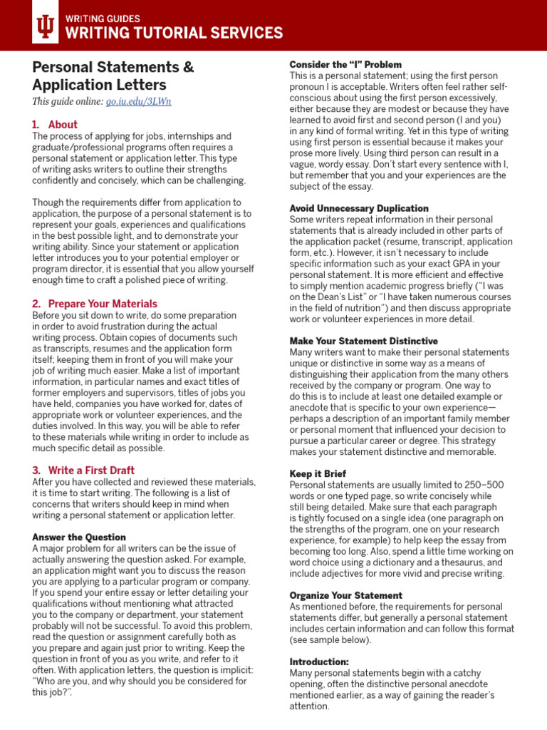Writing Personal Statements Application Letters | PDF
