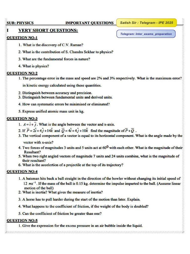 1St Year Physics 1-5 Questions | PDF