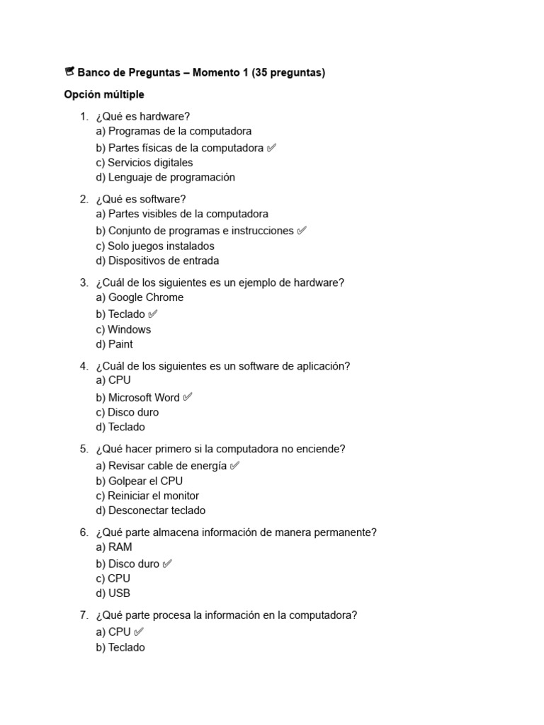 Banco de Preguntas Momento 1 | PDF | Hardware de la computadora ...