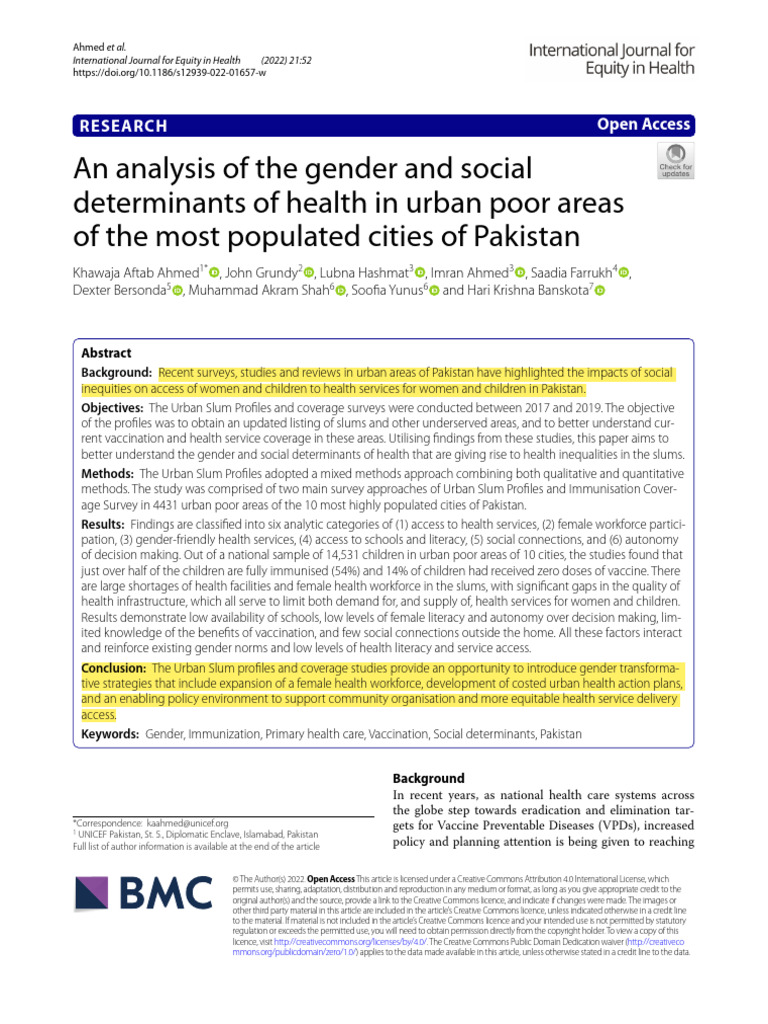 An Analysis of The Gender and Social Determinants of Health in Urban ...