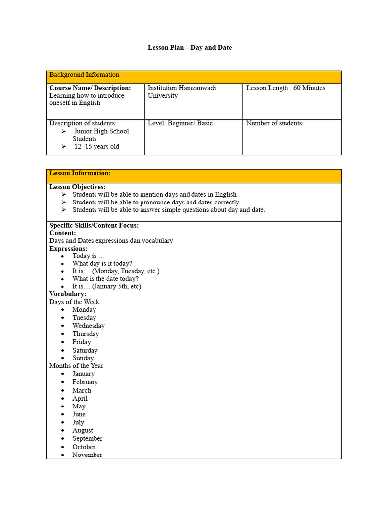 Lesson Plan - Day and Date | PDF | Communication | Learning