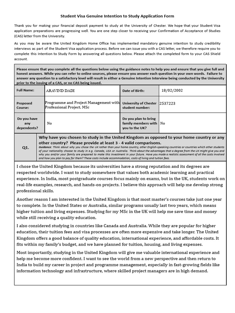 Genuine Intention To Study Form | PDF | Cost Of Living | Project Management