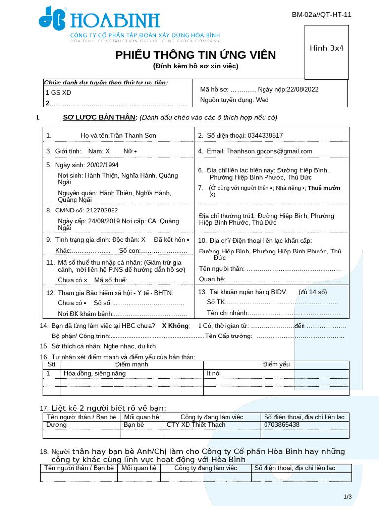 Phieu Thong Tin | PDF