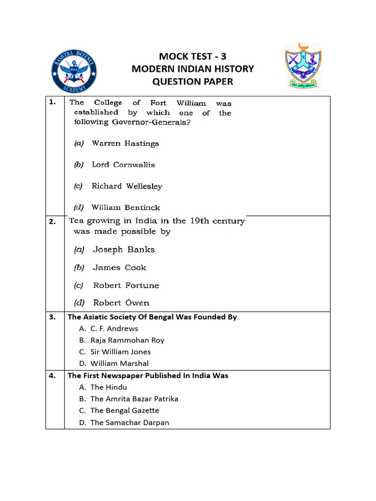 Mock Test 3 - Question Paper - Modern Indian History | PDF