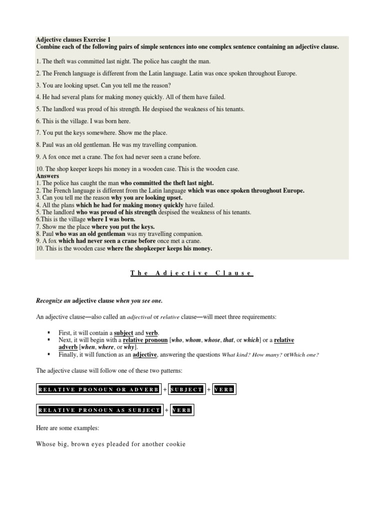 Adjective Clauses Exercise and Guide | PDF | Adjective | Adverb