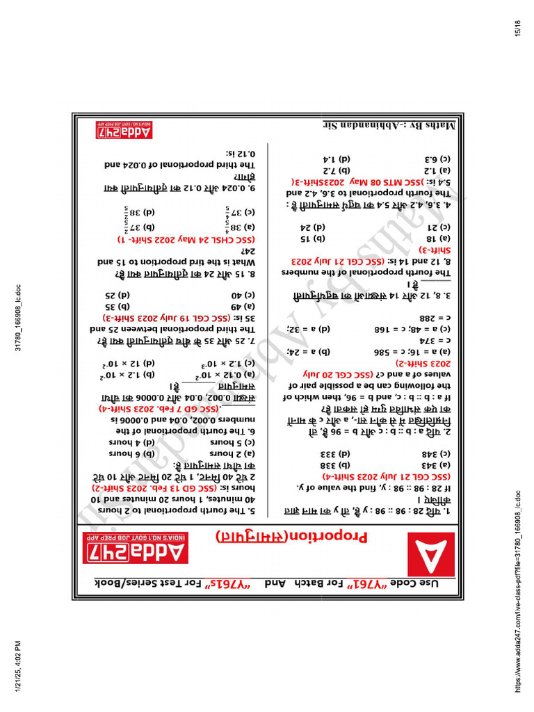 Adda 247 Math Sir Proportion Notes | PDF