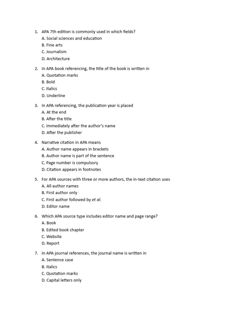 Reference and TOC MCQS | PDF | Citation | Writing