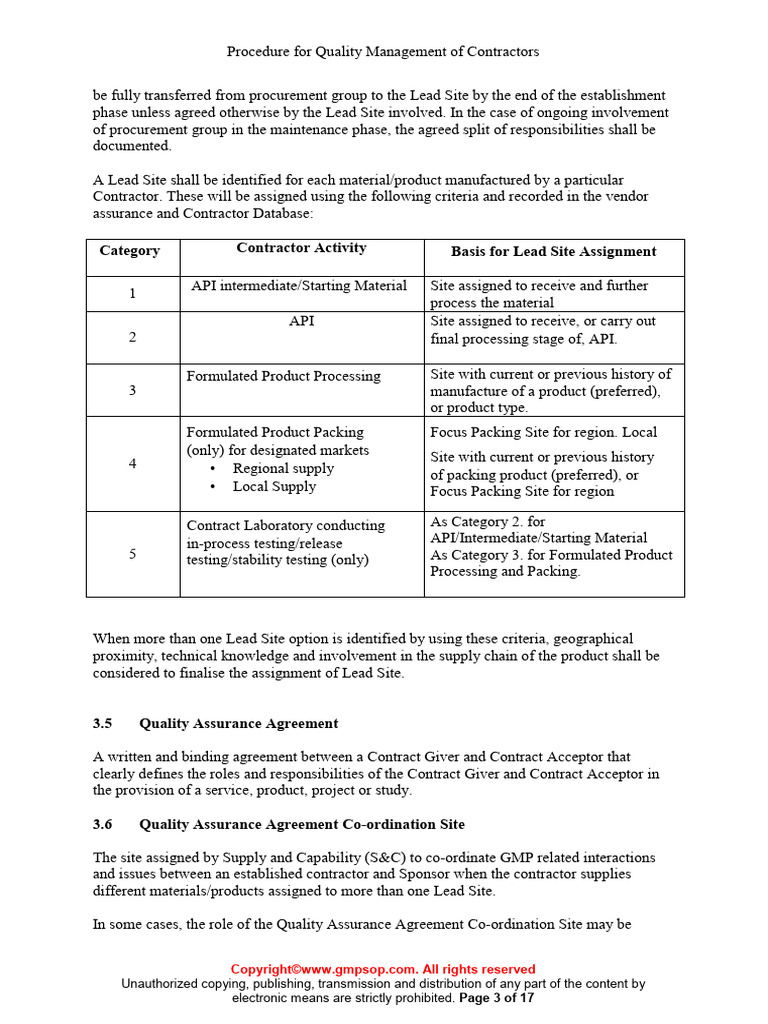 QMS MANUAL 011 Procedure For Quality Management of Contractors Sample ...
